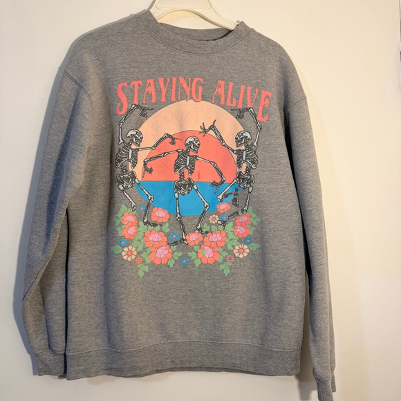 Obsessive Love “Staying Alive” Skeleton Graphic Sweatshirt Women’s Small Gray - Picture 1 of 6